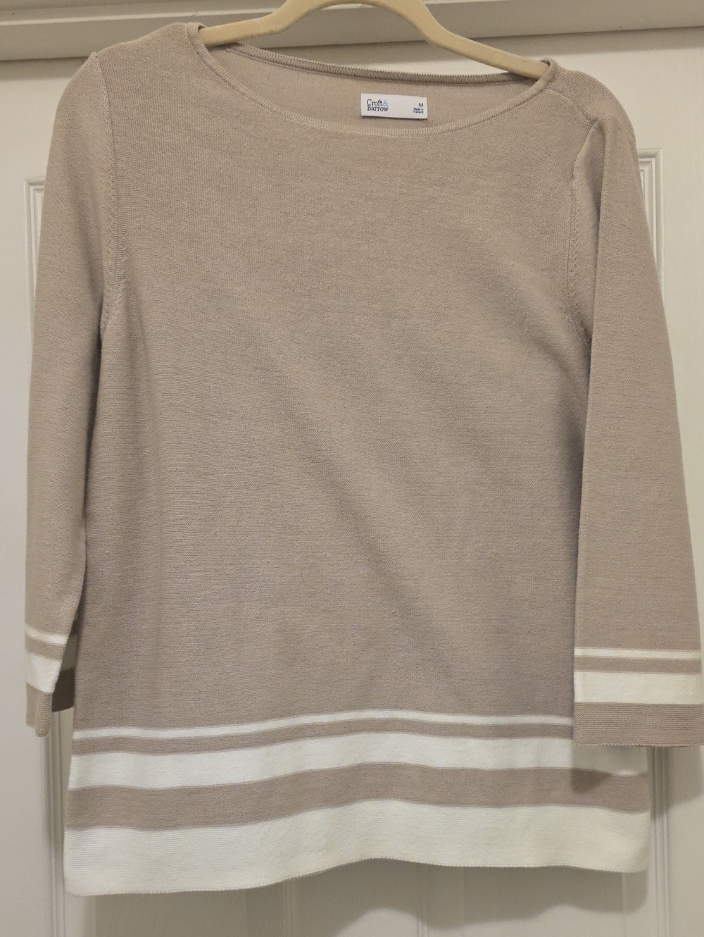 Croft & Barrow Taupe and White Striped Hem Knit Boatneck Sweater